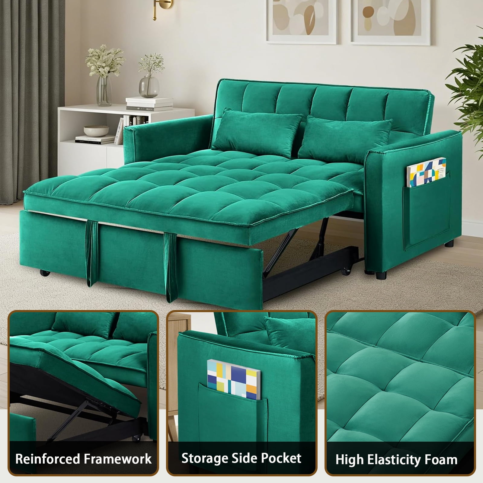 EPOWP 3 in 1 Folding Convertible Sofa Bed,55'' Pull Out Couch Bed with Side Pocket,Velvet Fabric Loveseat Sleeper Sofa with Adjustable Backrest,Easy Assembly,Perfect for Living Room,Green
