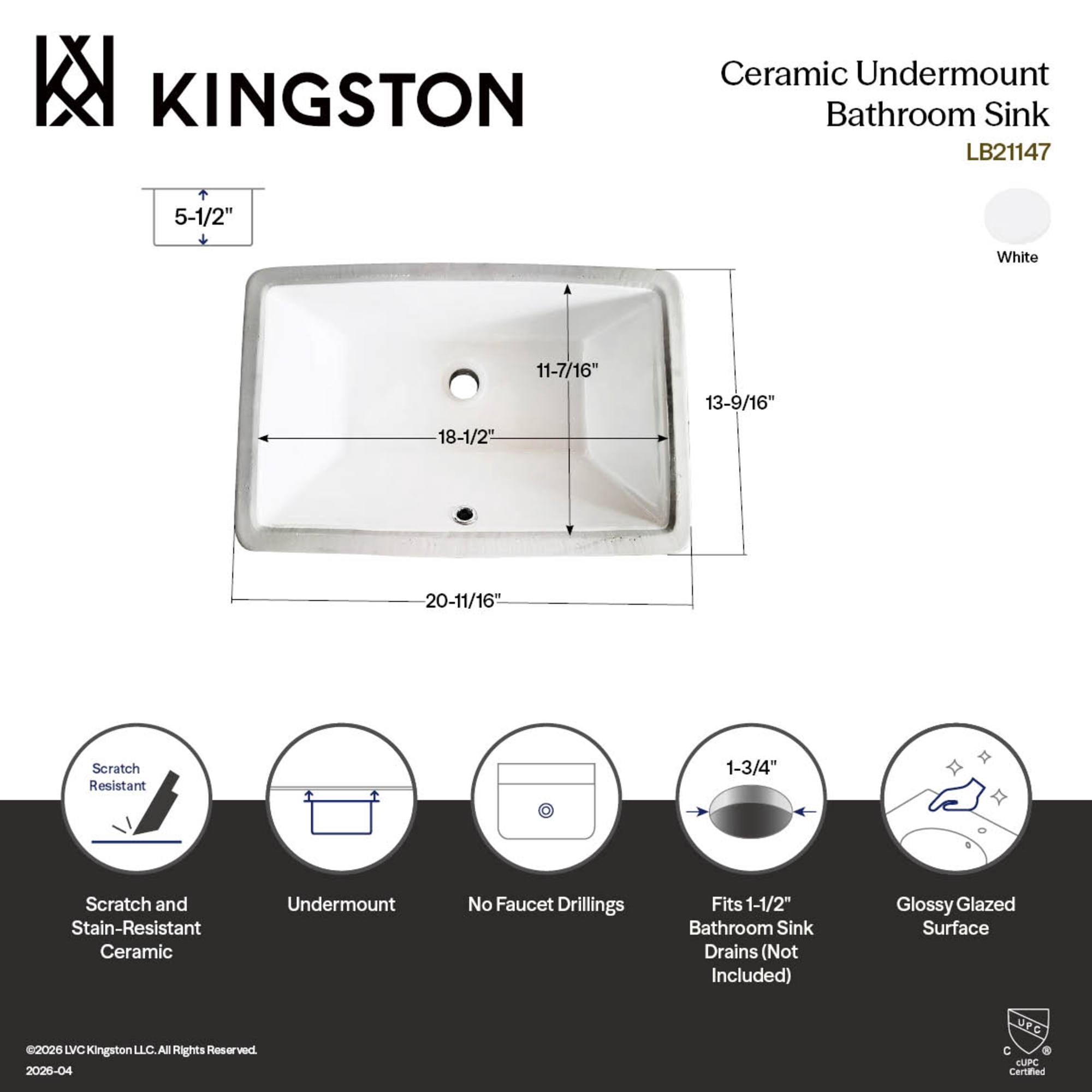 Kingston Brass LB21147 Chancellery 21-Inch Ceramic Rectangular Undermount Bathroom Sink in White