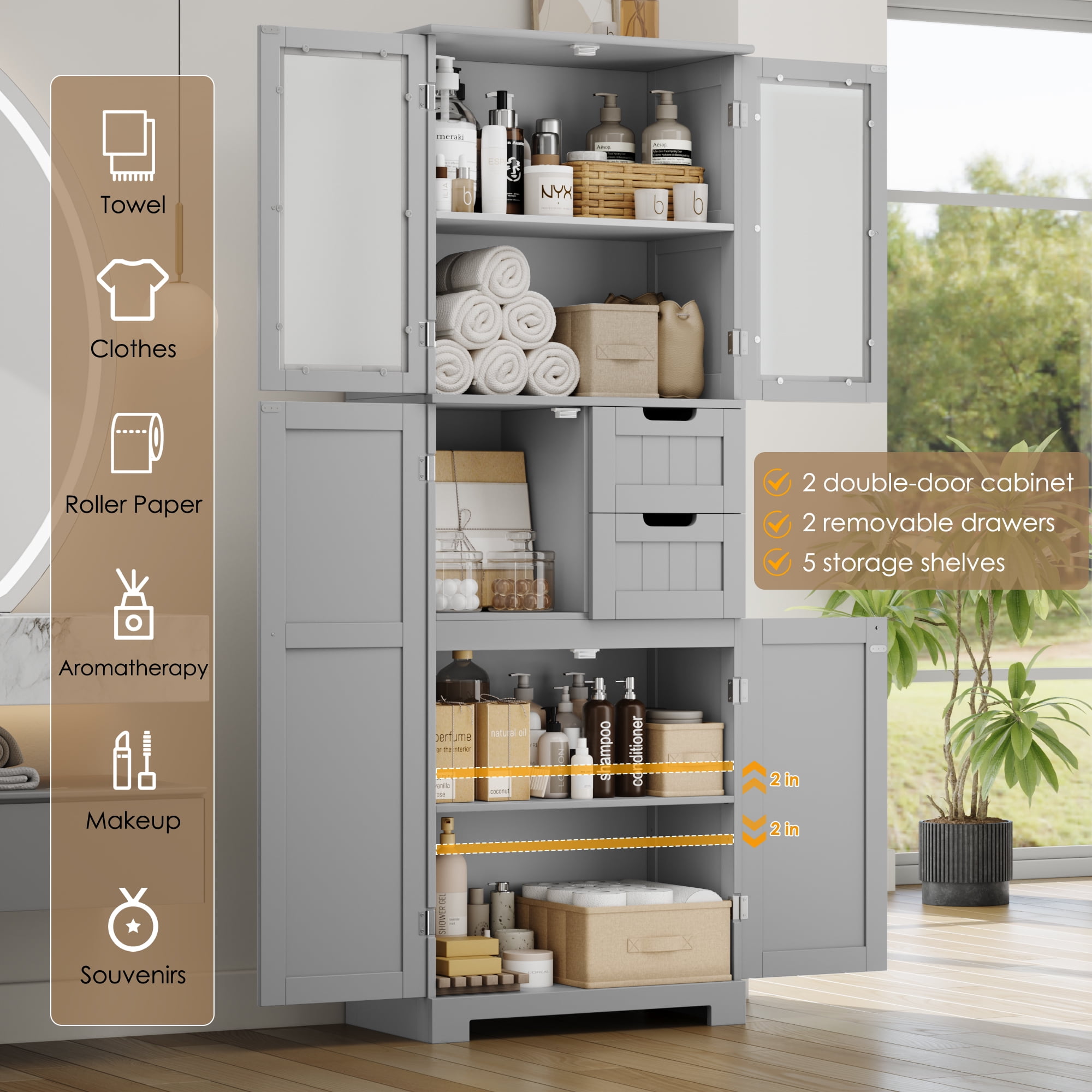 Homfa 67" Tall Bathroom Cabinet, Linen Cabinet with Doors and Removable Drawers, Kitchen Cupboard, Gray