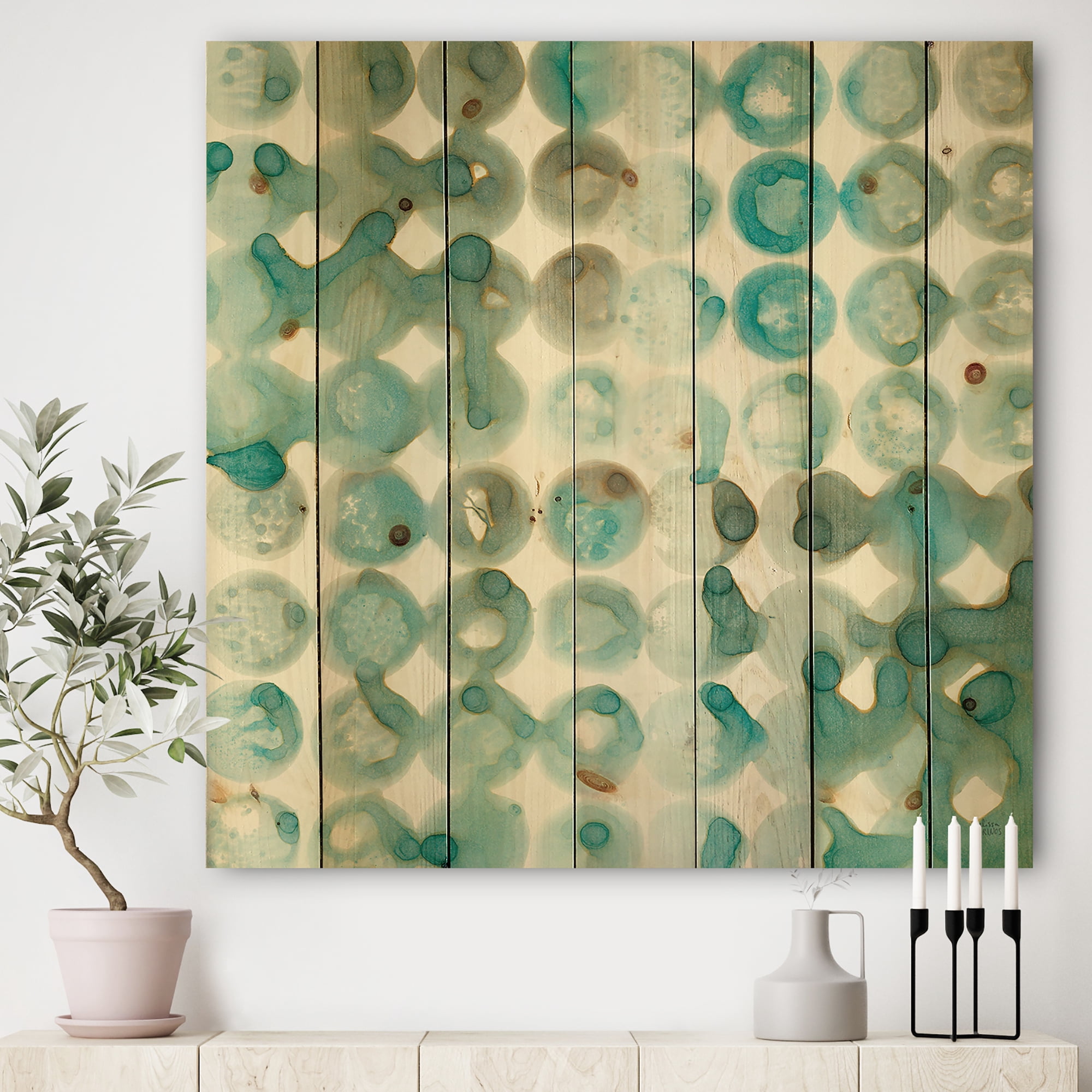 Designart 'Turquoise Watercolor Geometrical Pattern I' Modern & Transitional Print on Natural Pine Wood
