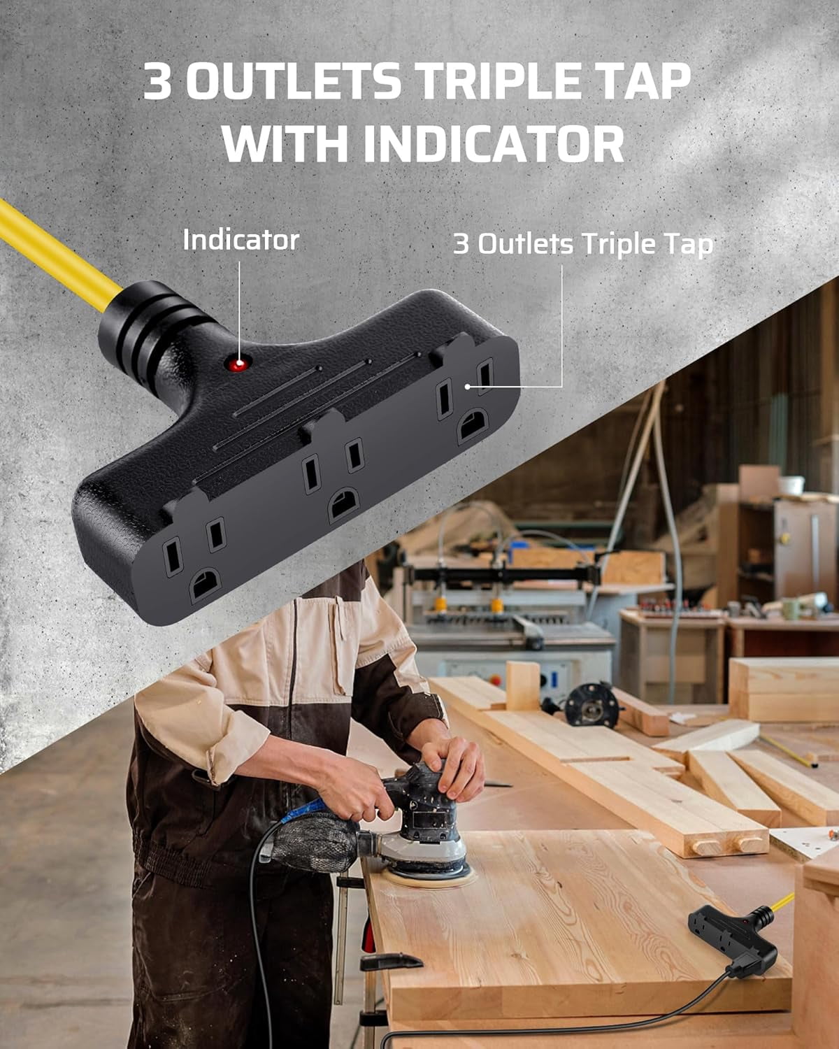 30 Ft Retractable Extension Cord Reel, Ceiling/Wall Mount 16/3 Gauge SJTW Power Cord with 3 Electrical Outlets Pigtail for Garage and Shop, 10 Amp Circuit Breaker, Metal Plate, UL Listed