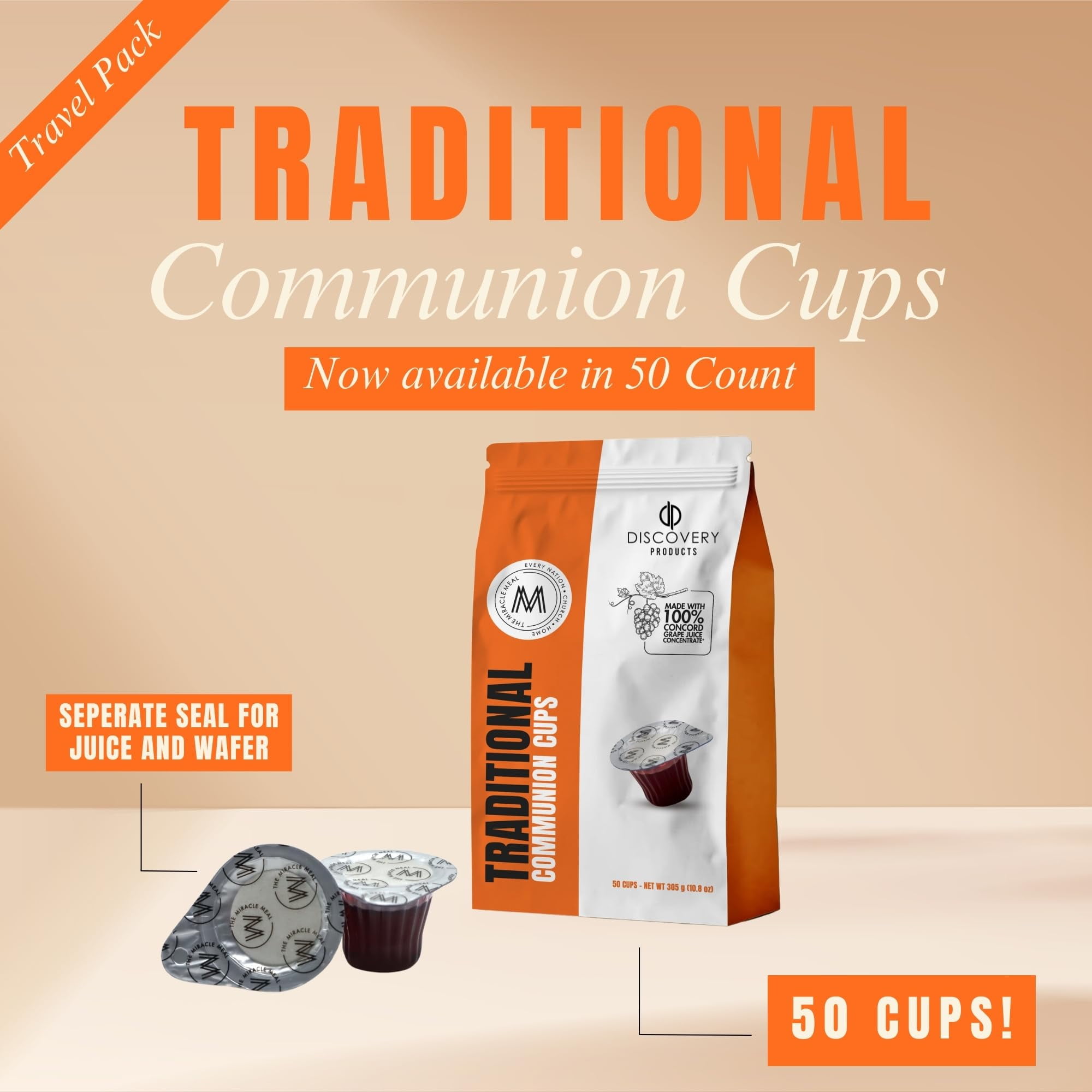 Discovery Products Travel Pack - Pre-Filled Traditional Communion Cup - Bag of 50 with Wafer and 100% Concord Grape Juice