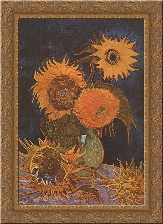 Still Life Vase with Five Sunflowers 24x18 Gold Ornate Wood Framed