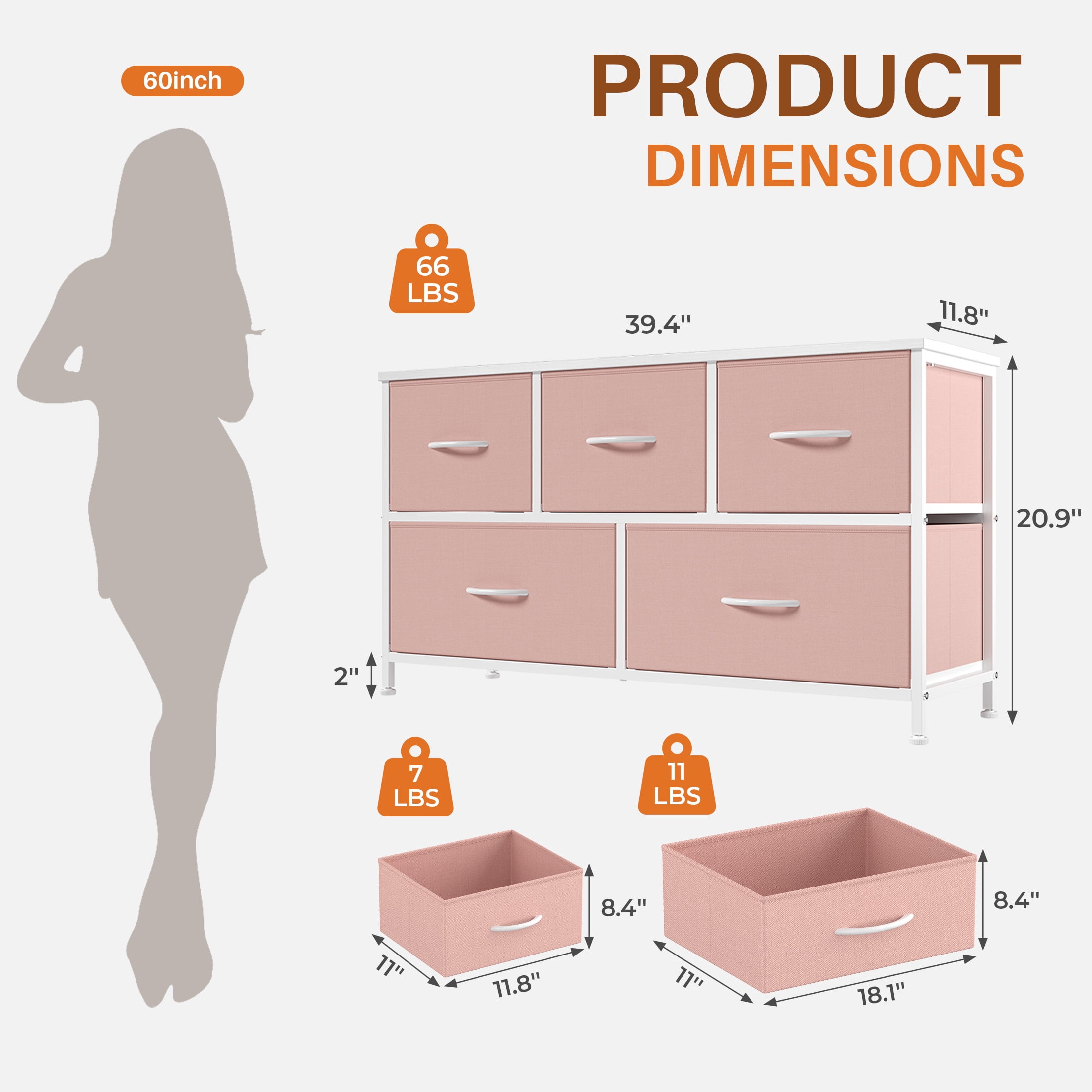 CONCETTA Dresser 5 Fabric Storage Drawer Dresser, TV Stand, Chest of Drawers for Bedroom, Closet, Entryway, Living Room, Pink