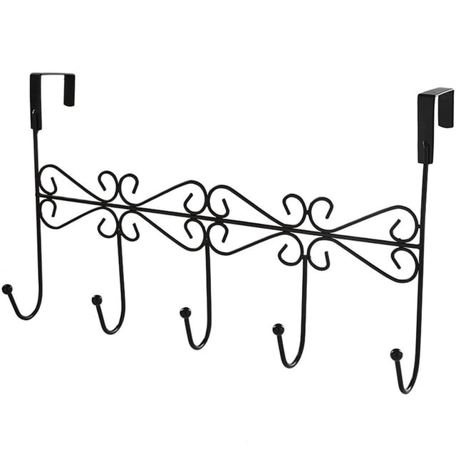 Worallymy Over The Door Hanger Rack With 5 Hooks Decorative Metal Coat Hat Holder For Home Office - Black