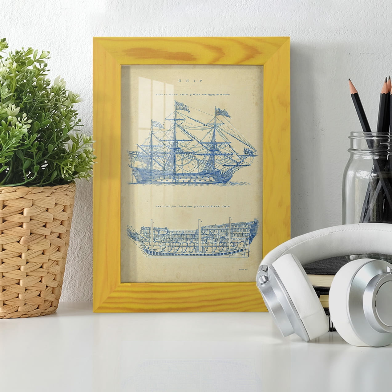 Vintage Ship Blueprint -Framed Print w/glass-Sunflower Yellow