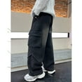 thumbnail image 5 of UACY Boy's Girls Cargo Jeans Baggy Denim Pants Elastic Waist Straight Wide Leg Jeans Streetwear with Pockets ﻿ (Black, 15-16 Years), 5 of 7