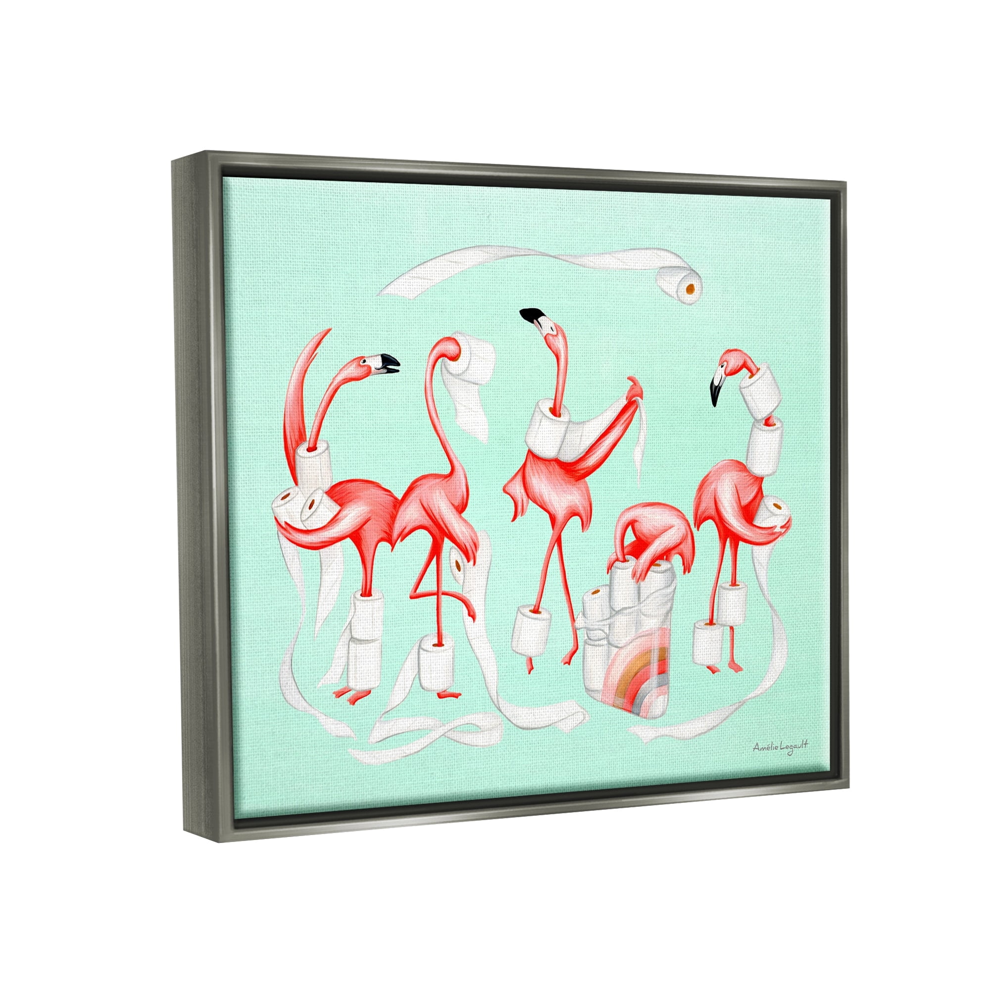 Stupell Industries Silly Flamingos Toilet Paper Rolls Bathroom Illustration Graphic Art Luster Gray Floating Framed Canvas Print Wall Art, Design by Amelie Legault