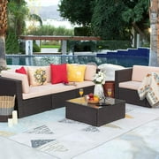 Homall 5 Pieces Patio Conversation Set Outdoor Rattan Furniture Sectional Sofa with Glass Table, Beige