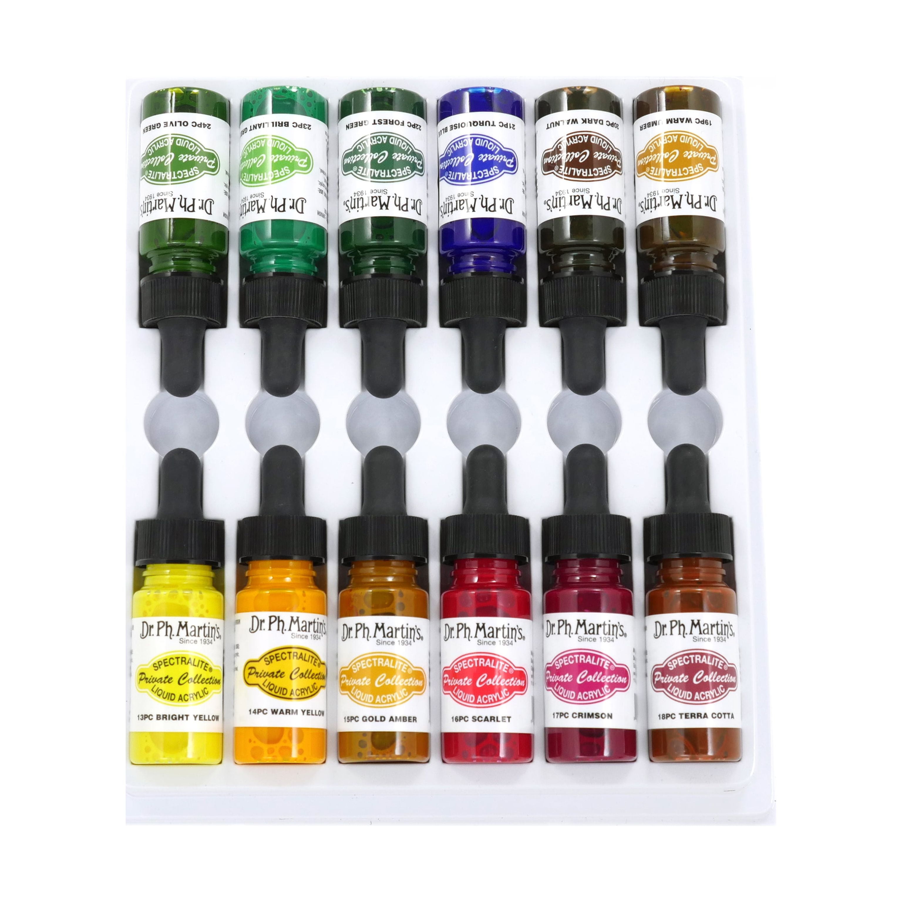 Dr. Ph. Martin's® Spectralite Private Collection Liquid Acrylics (Set 2) Arcylic Paint Set, ½ US fl oz, Set 2 Colors, 1 Set of 12 Bottles