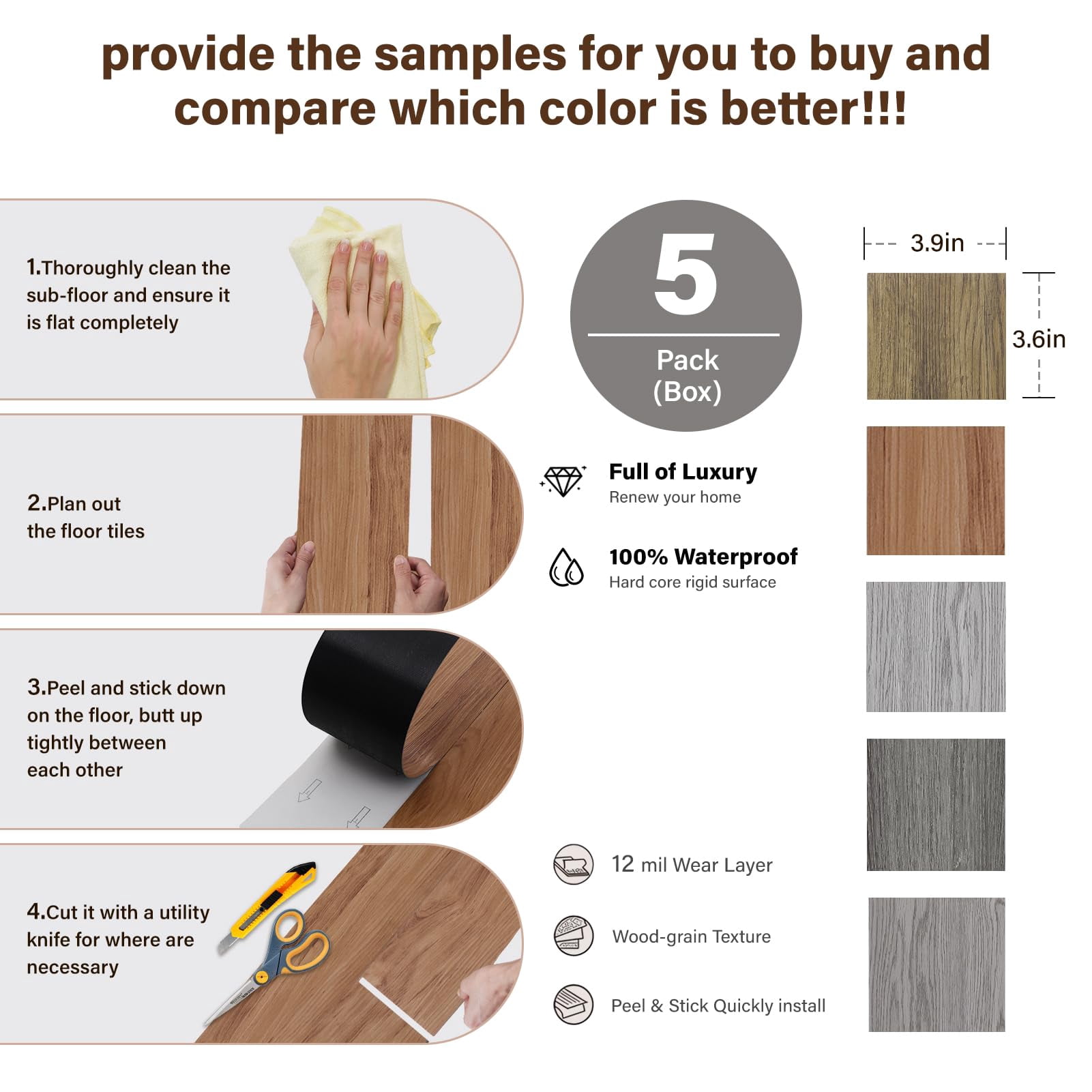 Peel And Stick Floor Tile Vinyl Flooring  Waterproof Plank 5-pack Samples Wood Grain For Bedroom Living Room Kitchen Rv(sample)