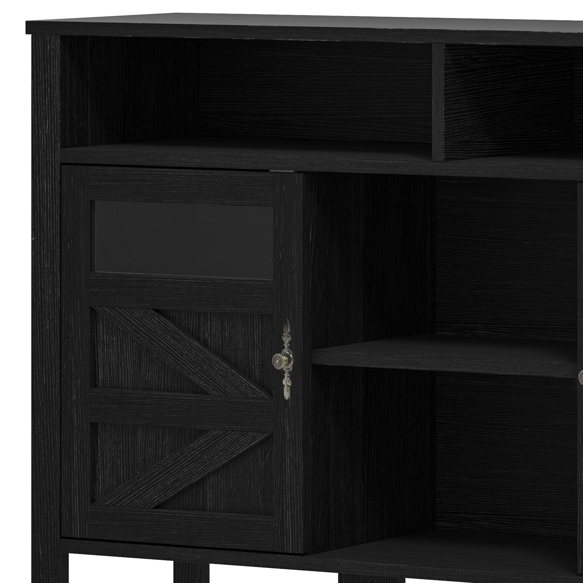 Uforic Farmhouse Sideboard Bar Cabinet with Glass Doors, Adjustable Shelves & Open Storage for Dining Room, Kitchen, Living Room, Black