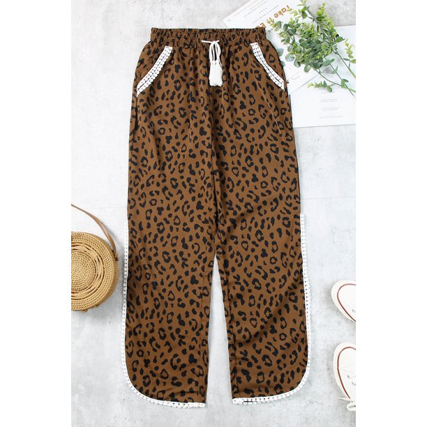 ABPHQTO Pantalones casuales con cordón en la cintura con abertura lateral de leopardo para mujer