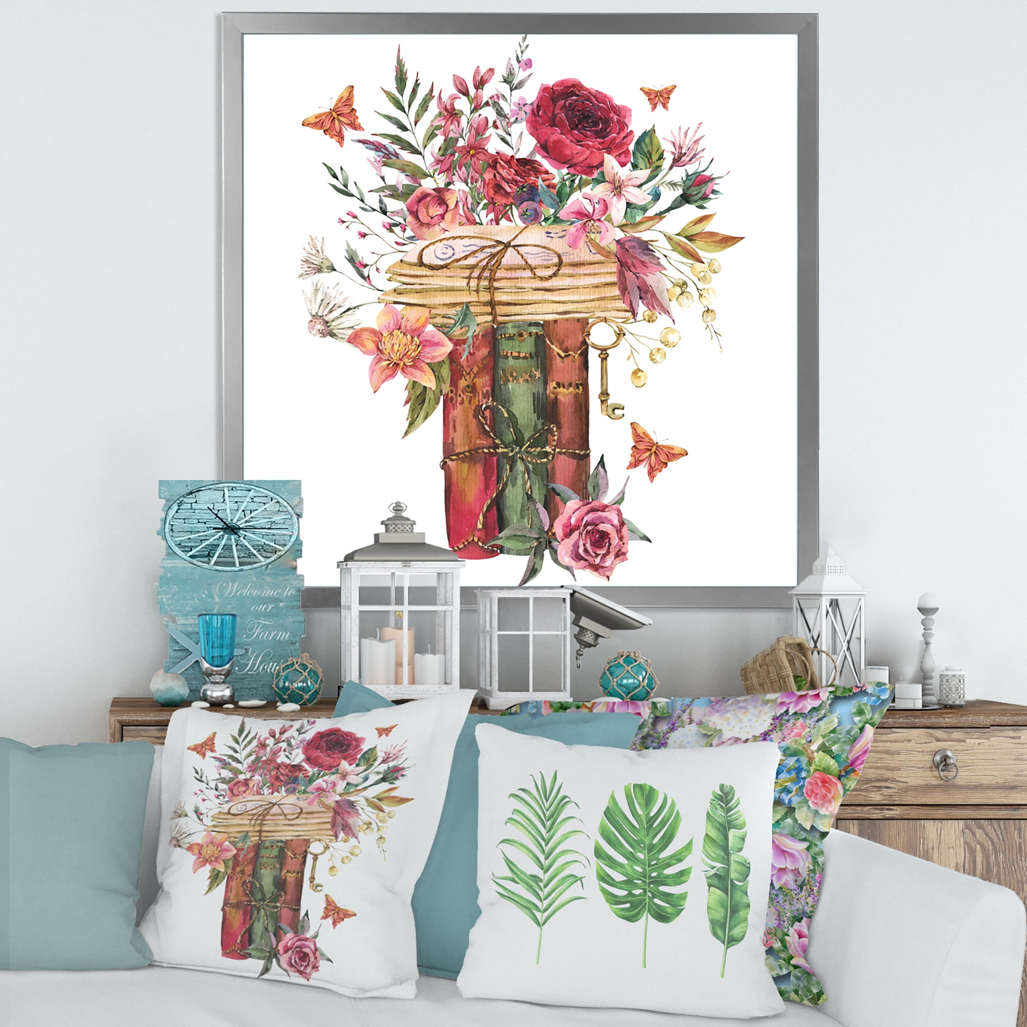 Designart 'Wildflowers With Vintage Old Books' Farmhouse Framed Art Print