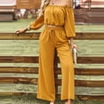 thumbnail image 4 of 2 Piece Outfits for Women Casual off Shoulder Long Sleeve Crop Tops Drawstring Wide Leg Pants Matching Lounge Sets, 4 of 8