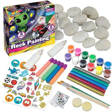 Glow In The Dark Rock Painting Arts and Craft Kit for Kids – Supplies For Painting Rocks - 20 Regular & Resin Rocks  Acrylic Markers - Rock Decorating Supplies Gift for Boys & Girls Ages 6 - 12