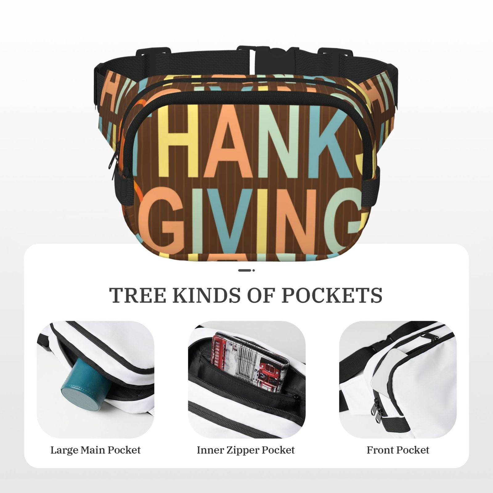 Picia Happy Thanksgiving With Gnome Print Square Double-Layer Waist Bag Mini Adjustable Waist Belt Bag Exercise Running Travel Hiking