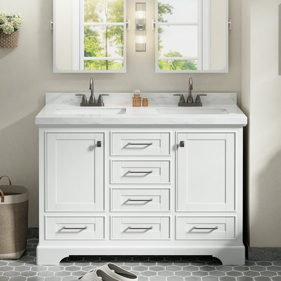 Eclife 48'' Fully Assembled Double Sink Bathroom Vanity with Engineered Marble Top, Faucet Mirror Not Included