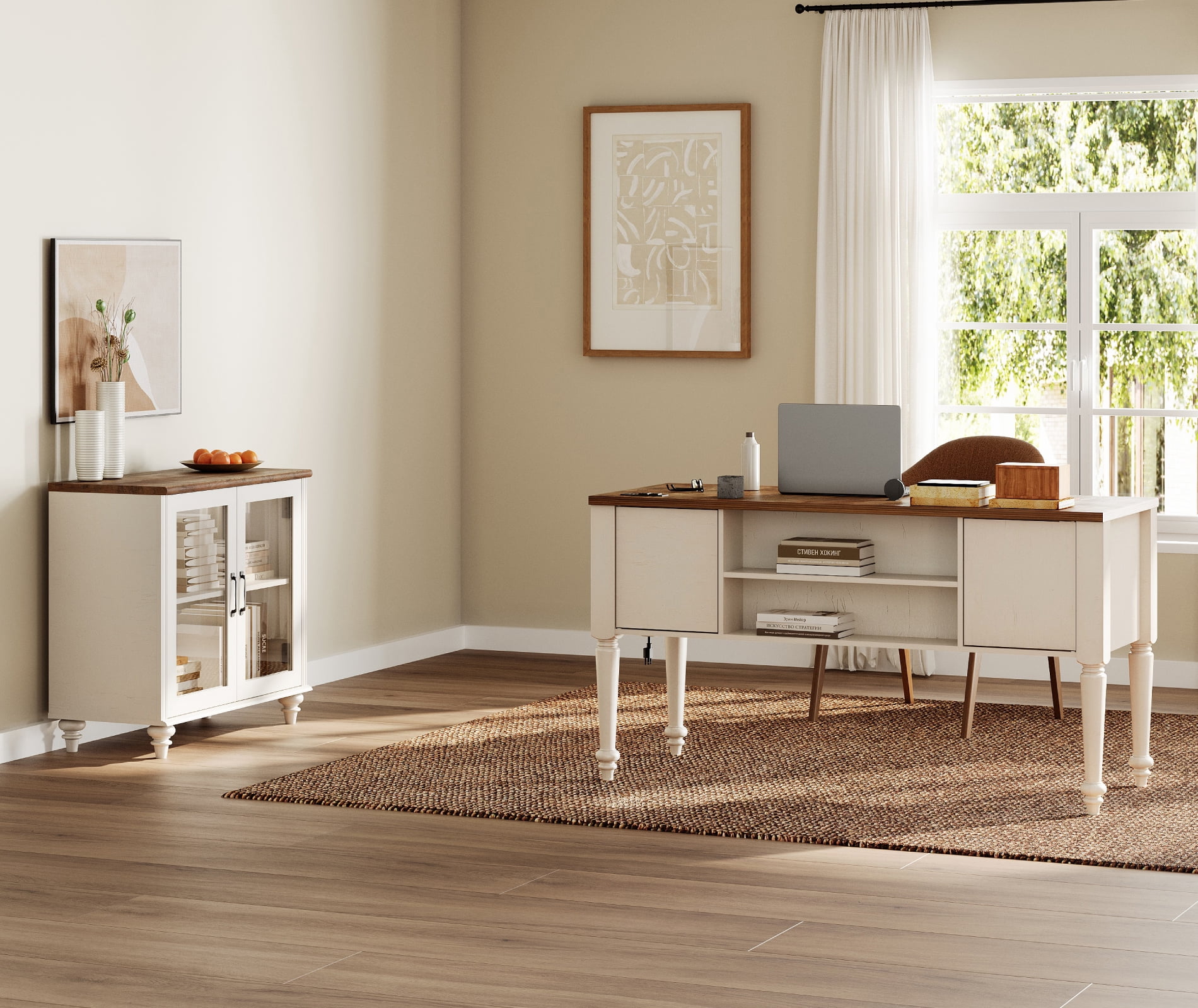 White Home Office Furniture Set, 56" Executive Desk with Charging Station, Farmhouse Cabinet with Glass Doors, Wood Computer Desk with File Cabinet Storage, Open Shelf