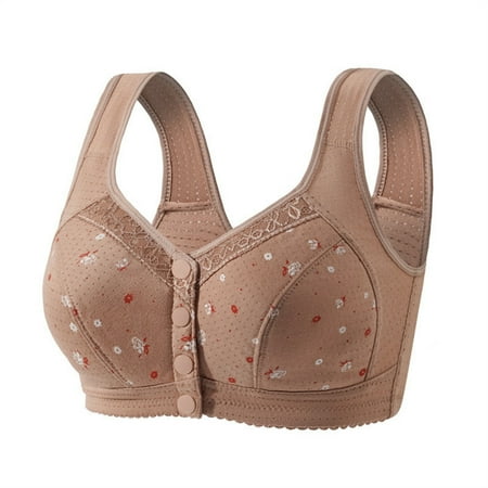 Cute Sports Bras for Women Floral Bras for Older Women Push up Bra No Underwire Front Snap Balconette Breathable Underwear Bralettes Coffee XXL