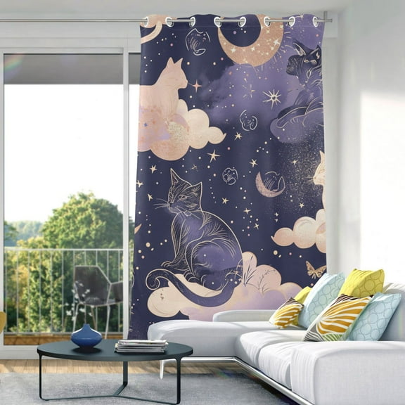 Cat in Moon Sky Clouds Blackout Curtain Panels Drapes Privacy Assured with Light Filtering Curtains for Living room Bedroom Bathroom Window