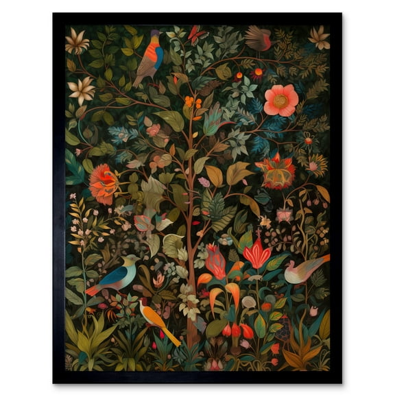 Birds on Blooming Trees in Spring Modern Folk Art Art Print Framed Poster Wall Decor 12x16 inch