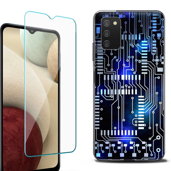 Slim-Fit Protective Fashion Phone Case (Black) for Samsung Galaxy A03s, with Tempered Glass Screen Protector, by OneToughShield ® - Cosmos Circuit