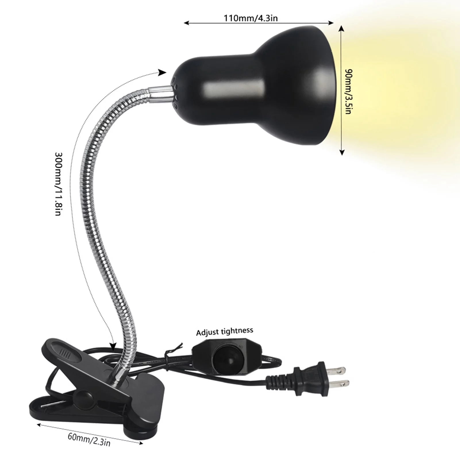 Yajisi Reptile Heating Lamp UVB Light with 50W 70W Bulbs Clamp Basking Lamp for Lizard Turtle Aquarium Tank 360 Degree Rotatable Clip Adjustable Temperature Switch US Plug 9.84 inches / 25 cm