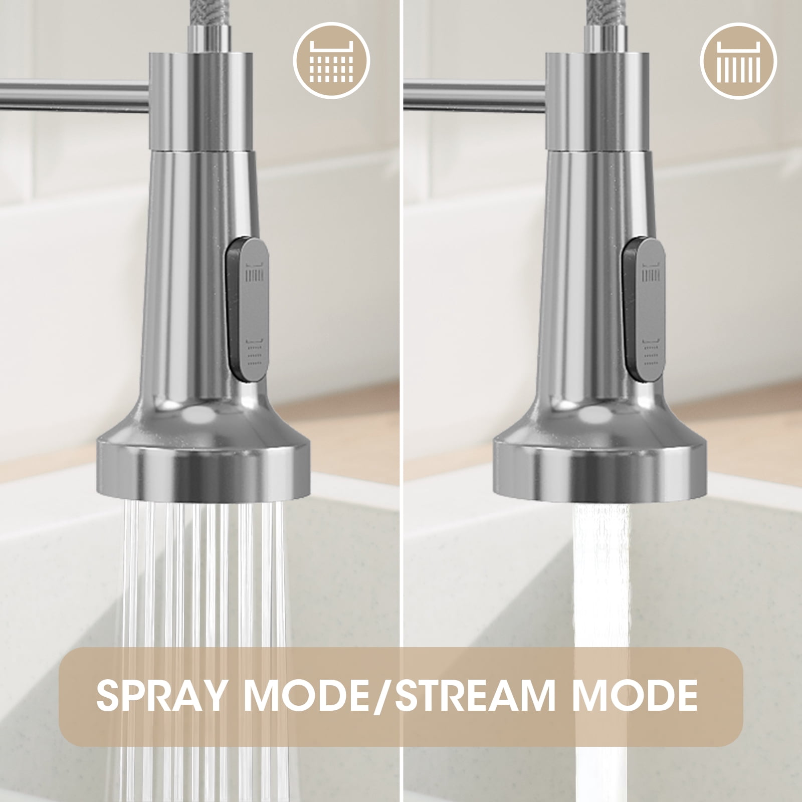 IUSU 20in Kitchen Faucet with Pull Down Sprayer, Brushed Nickel Commercial Spring Kitchen Sink Faucet Single Handle Pull Out Sink Faucets with Deck Plate Suit to 1 or 3 Holes Silver