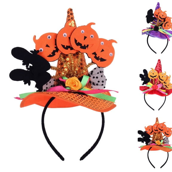 Halloween Witch Hat Headband for Kids Sequin Pumpkin Decor Hair Hoop Colorful Ribbon Cloth Hair Accessory for Masquerade Theme Party Supplies,One Size,Saffron