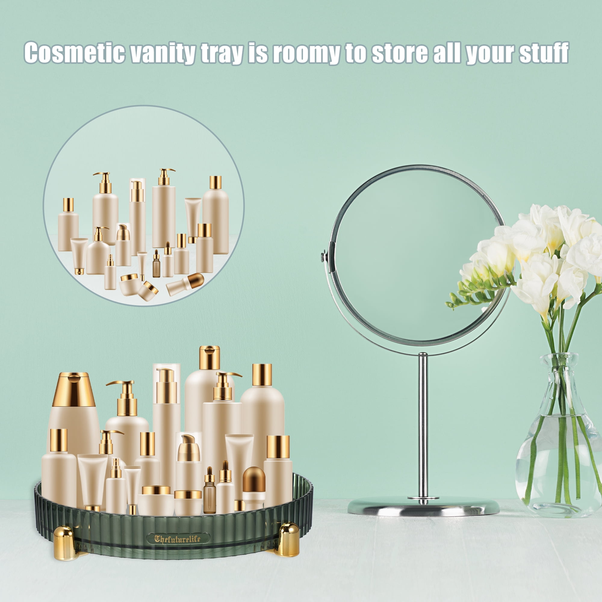 Unique Bargains Makeup Perfumes Organizer 360 Degree Rotating Round Storage Tray Dark Green