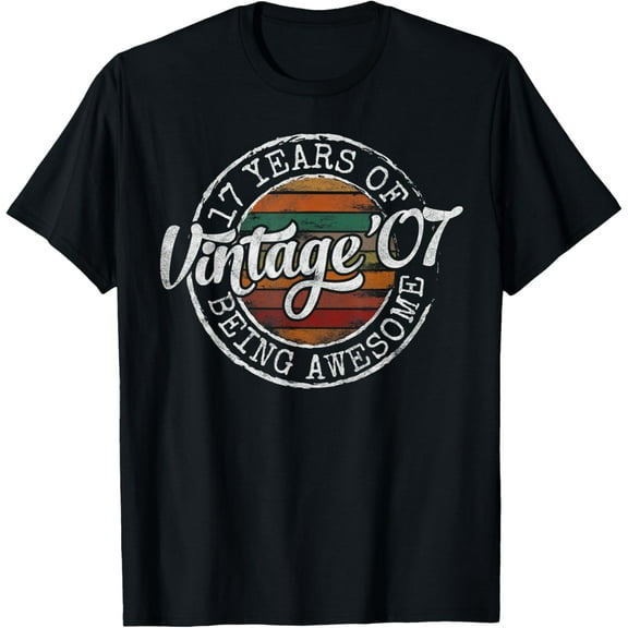 Vintage 2007 Bday Stamp 17th Birthday Gifts 17 Year Old T-Shirt men and women can wear, black, white, gifts