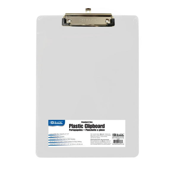 BAZIC Plastic Clipboard Standard Size 12.75" x 9.13", Low Profile Clip, Clear Translucent Color, 1-Count
