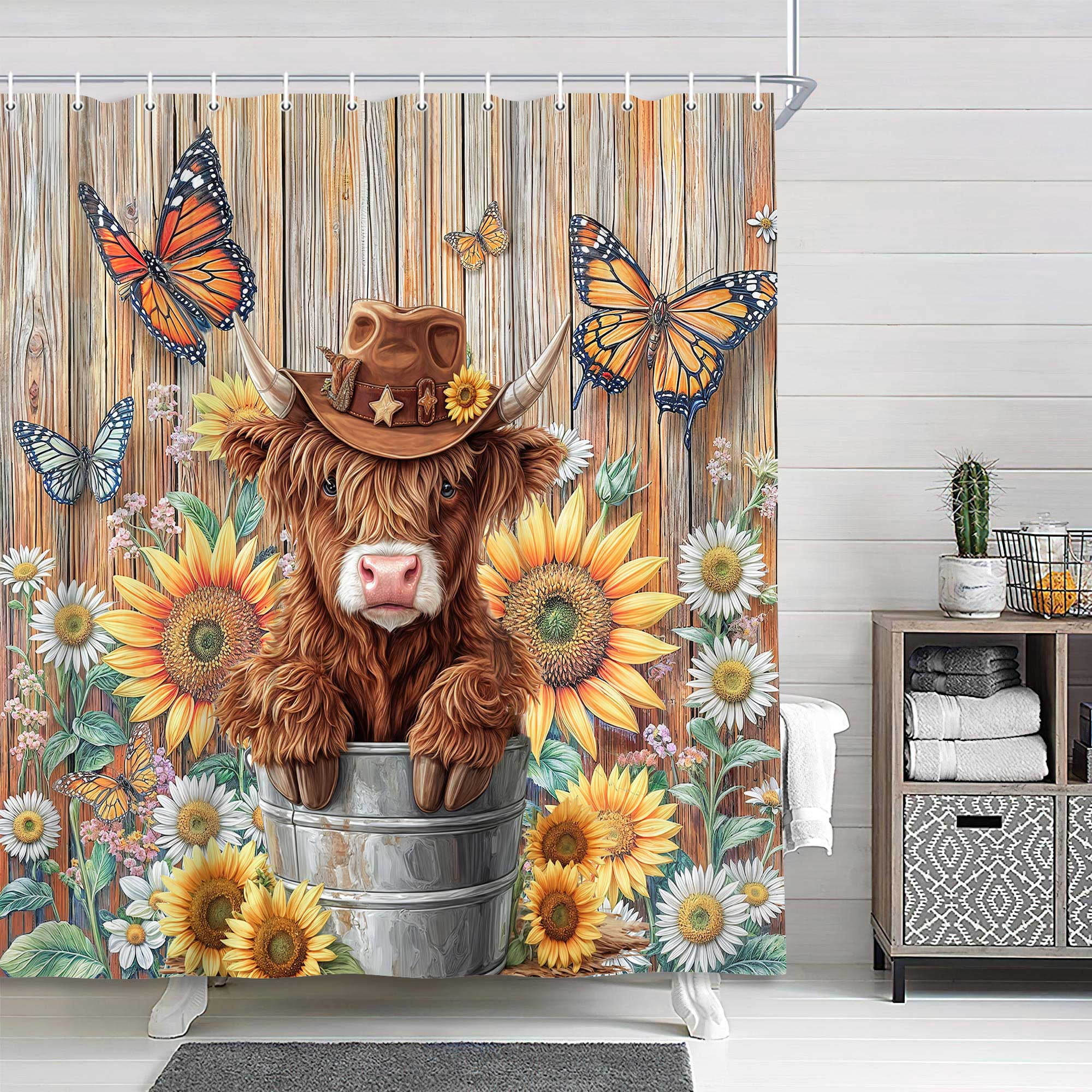Highland Cow Shower Curtain, Farmhouse Sunflower Country Rustic Bull Cute Western Farm Cattle Wooden Board Fabric Cloth Shower Curtains Wild Animal Hunting Bathroom Accessories with Hooks,72X72in