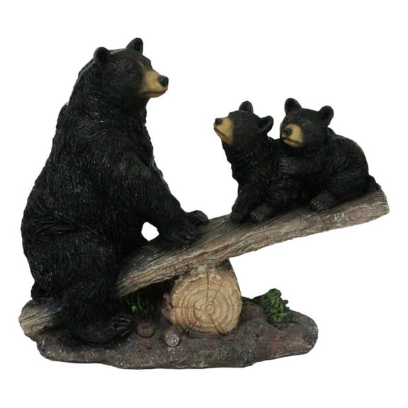 Rustic Forest Black Bear Mother and 2 Cubs Sitting On Tree Logs Seesaw Figurine