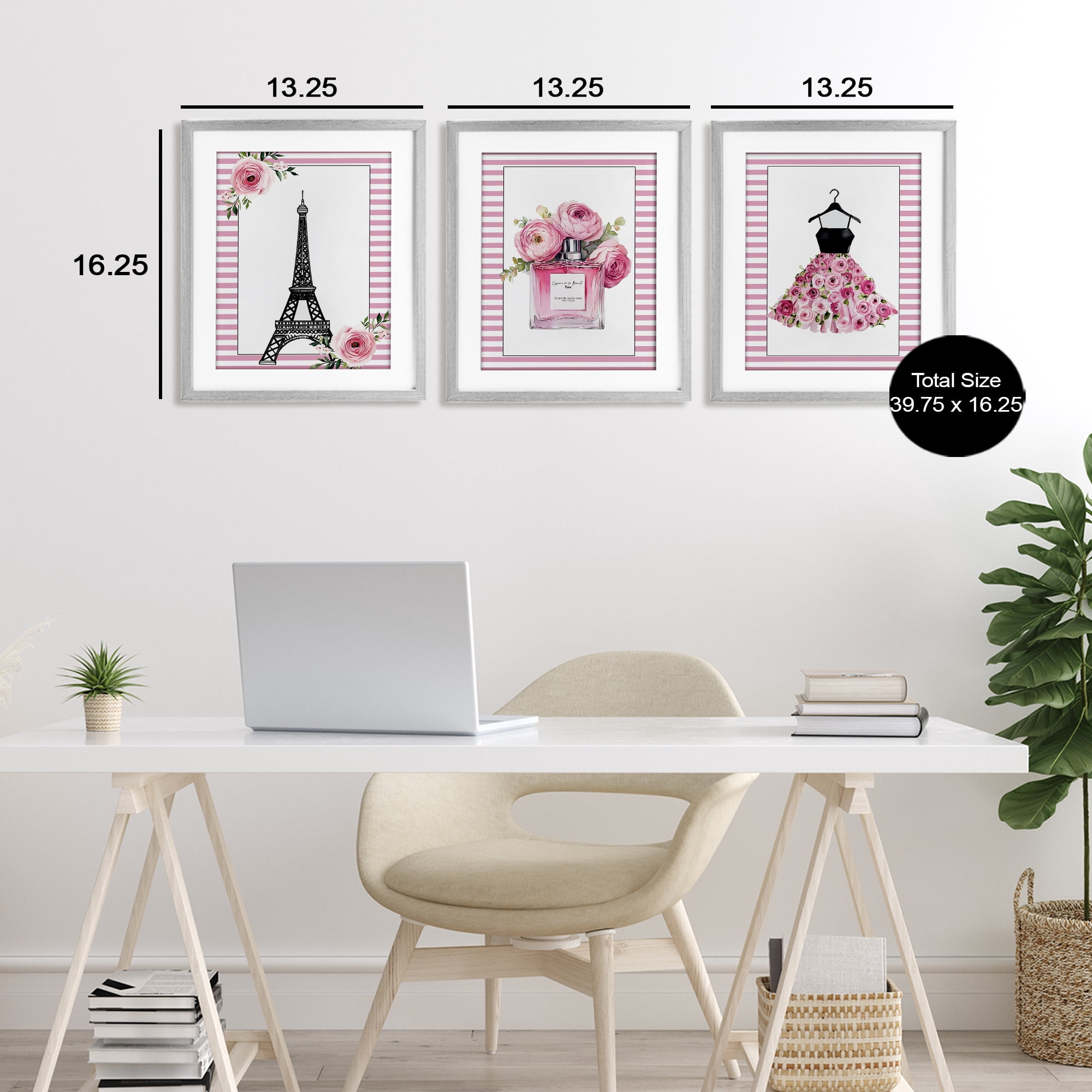 Parisian Glam with Stripes 3 Piece Gray Framed Print Under Glass Set, design by Christine Simpson Art