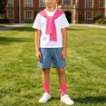 thumbnail image 5 of Boys 4 Pieces Back To School Outfit Round Neck Solid Short Sleeve Tee and Pockets Denim Shorts and Shawl and Knee High Socks Performance Outfits Casual Clothes Set 3-16 Years, 5 of 9