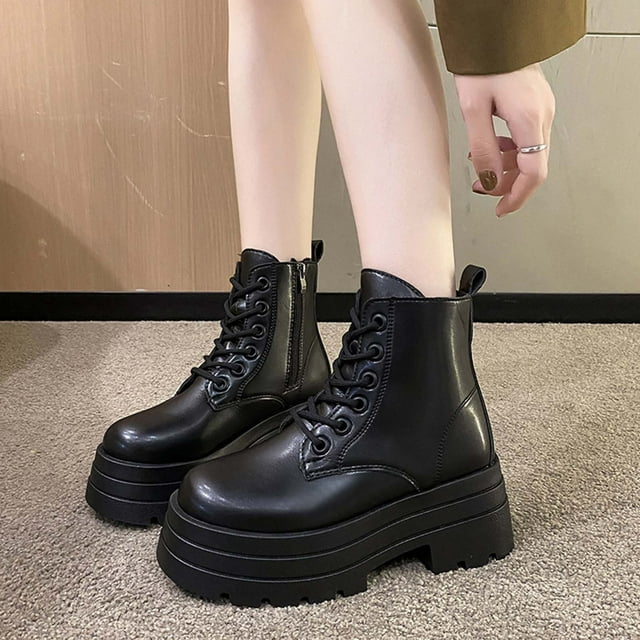 EGNMCR Bottines Compensées pour Femmes Bottines en Cuir Surdimensionnées pour Femmes Semelle Plateforme Bout Rond Lacets Bottines Chaussures pour Femmes