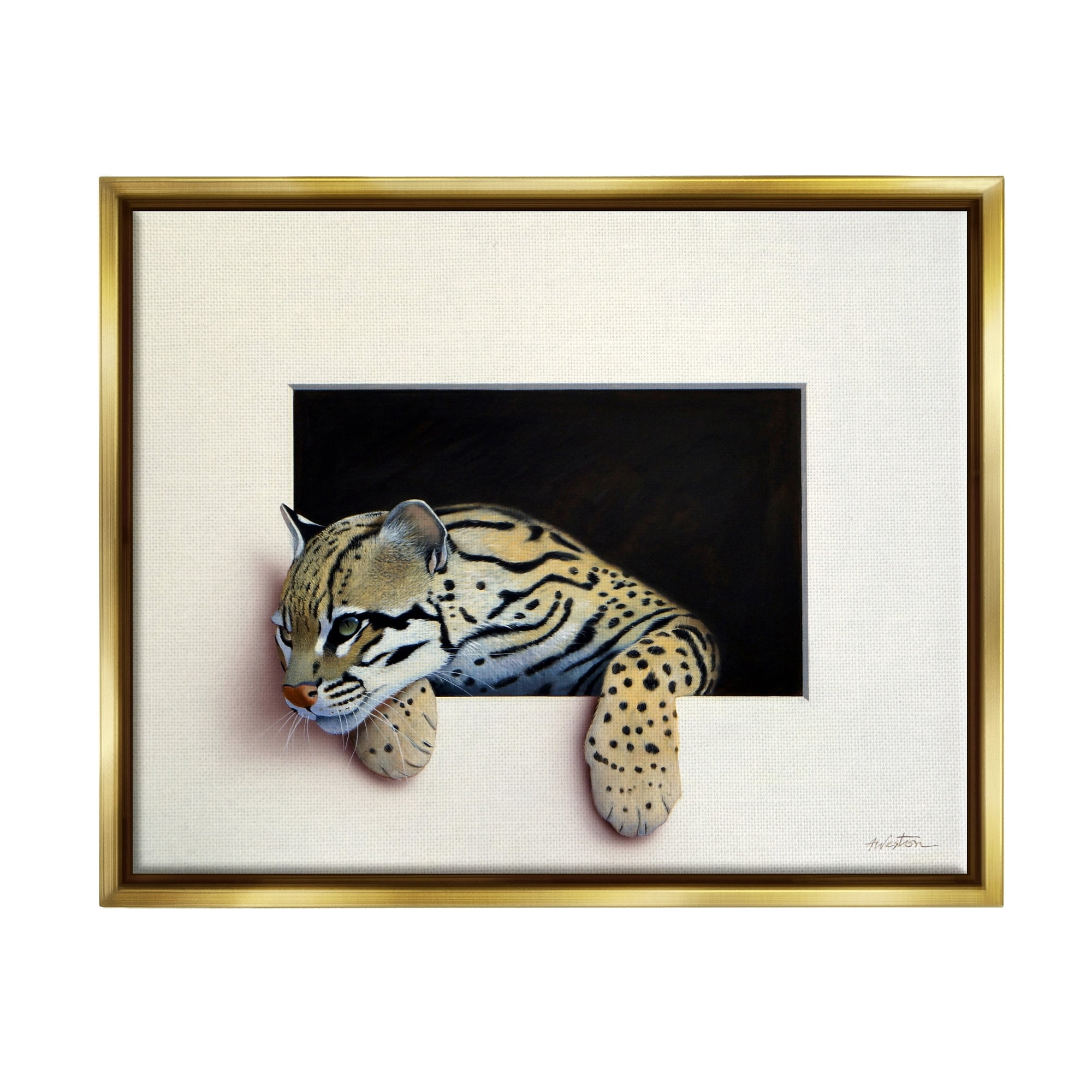 Stupell Industries Wildlife Ocelot Resting Paws Cutout Illusion Painting Metallic Gold Floating Framed Canvas Print Wall Art, Design by Alan Weston