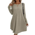 thumbnail image 2 of Women'S Long-Sleeved Dress, Round Neck, High Waist, Irregular Waist Dress Khaki L, 2 of 8