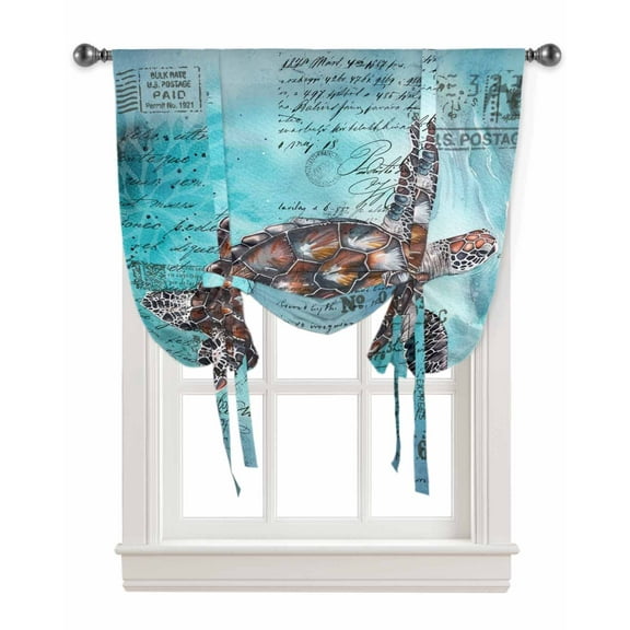 Coastal Sea Turtle Tie Up Curtains for Kitchen Bathroom Bedroom Windows 63 Inch Length, Blue Nautical Summer Beach Vintage Balloon Drape Curtains Shade Rod Pocket Drapery Curtain Panel, 52"x63"