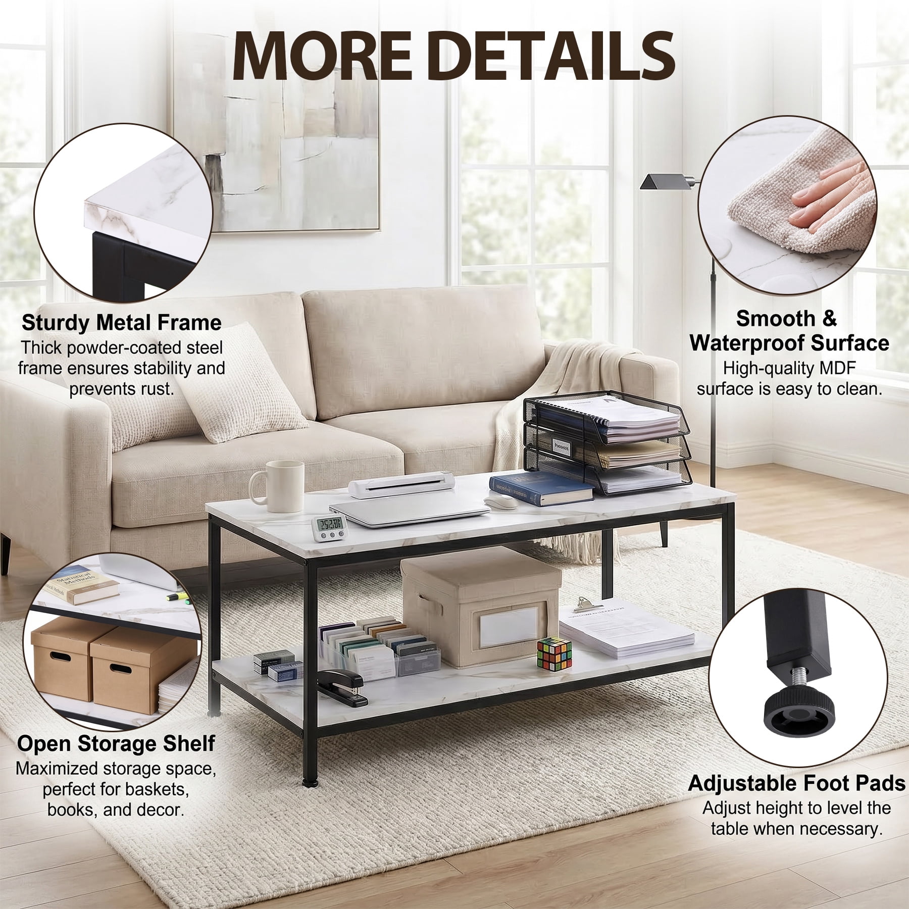 HomGarden 39.4" Modern Rectangle 2-Tier Coffee Table Wood Cocktail Table Home Office, Marble White