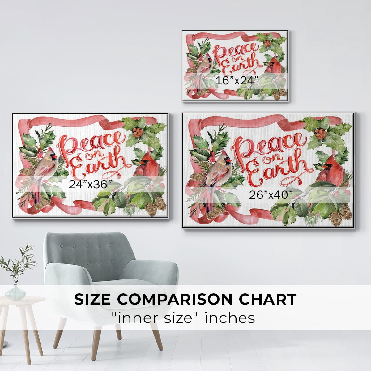 Cardinal Holly Christmas Collection A - Framed Gallery Wrapped Holiday Canvas - 27 x 41 - White Frame