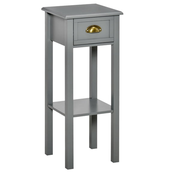 2 Tier Tall Side Table with Drawer and Bottom Shelf Narrow Nightstand for Living Room Bedroom Space Saving Gray