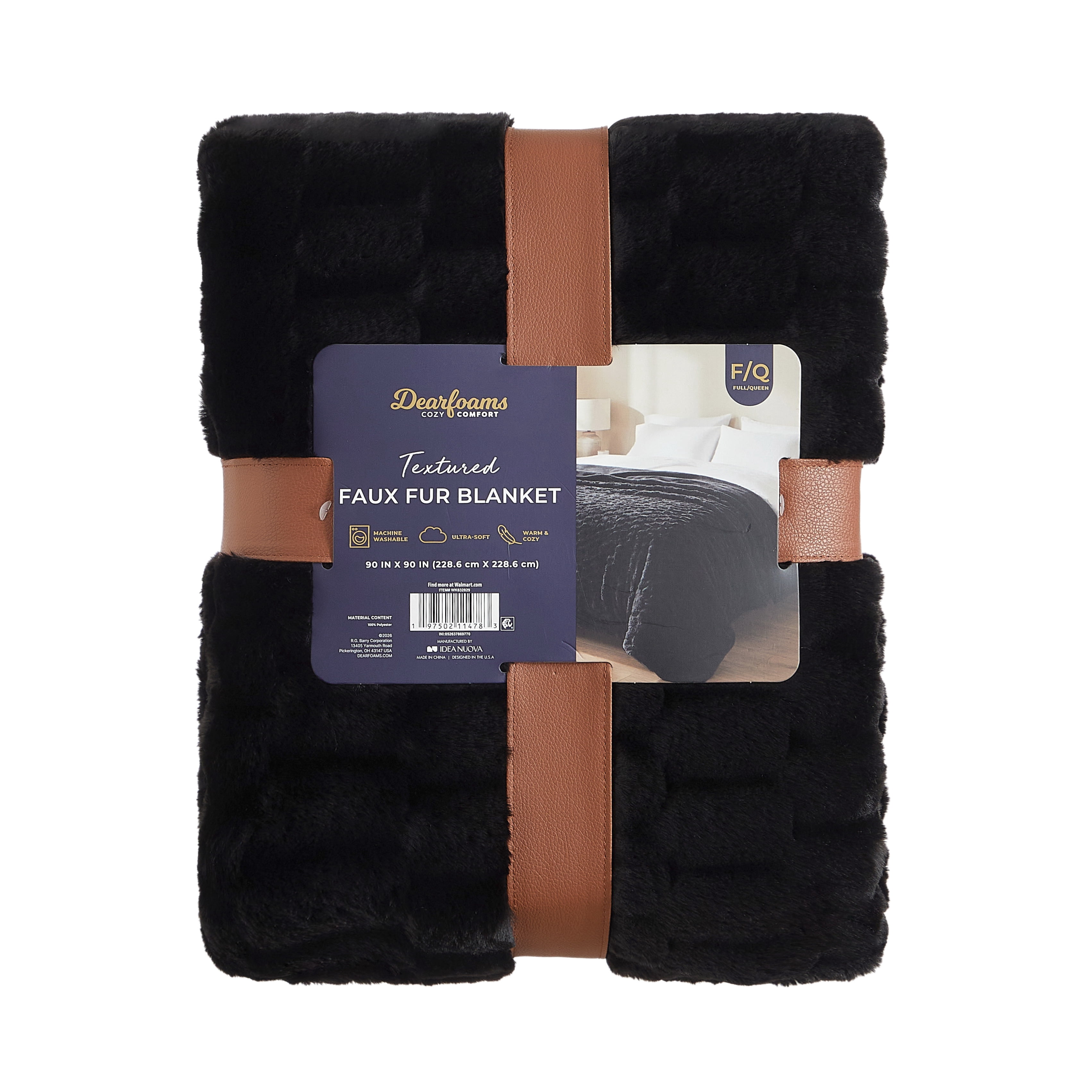Dearfoams Textured Faux Fur Reversible Mink Bed Blanket, Black, Full/Queen, 90 x 90 in