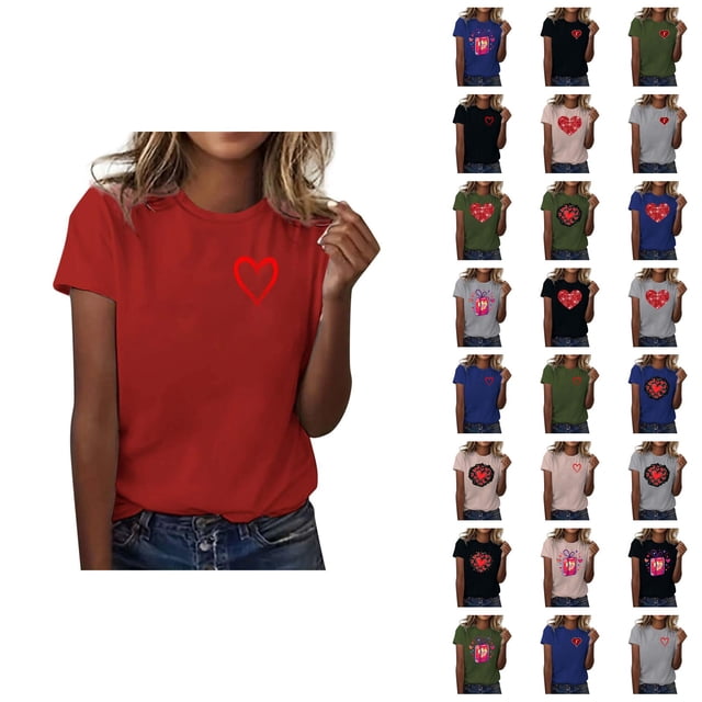 T-shirts de la Saint-Valentin pour Femmes 2026 Mode Manches Courtes Col Rond Cœur Graphique