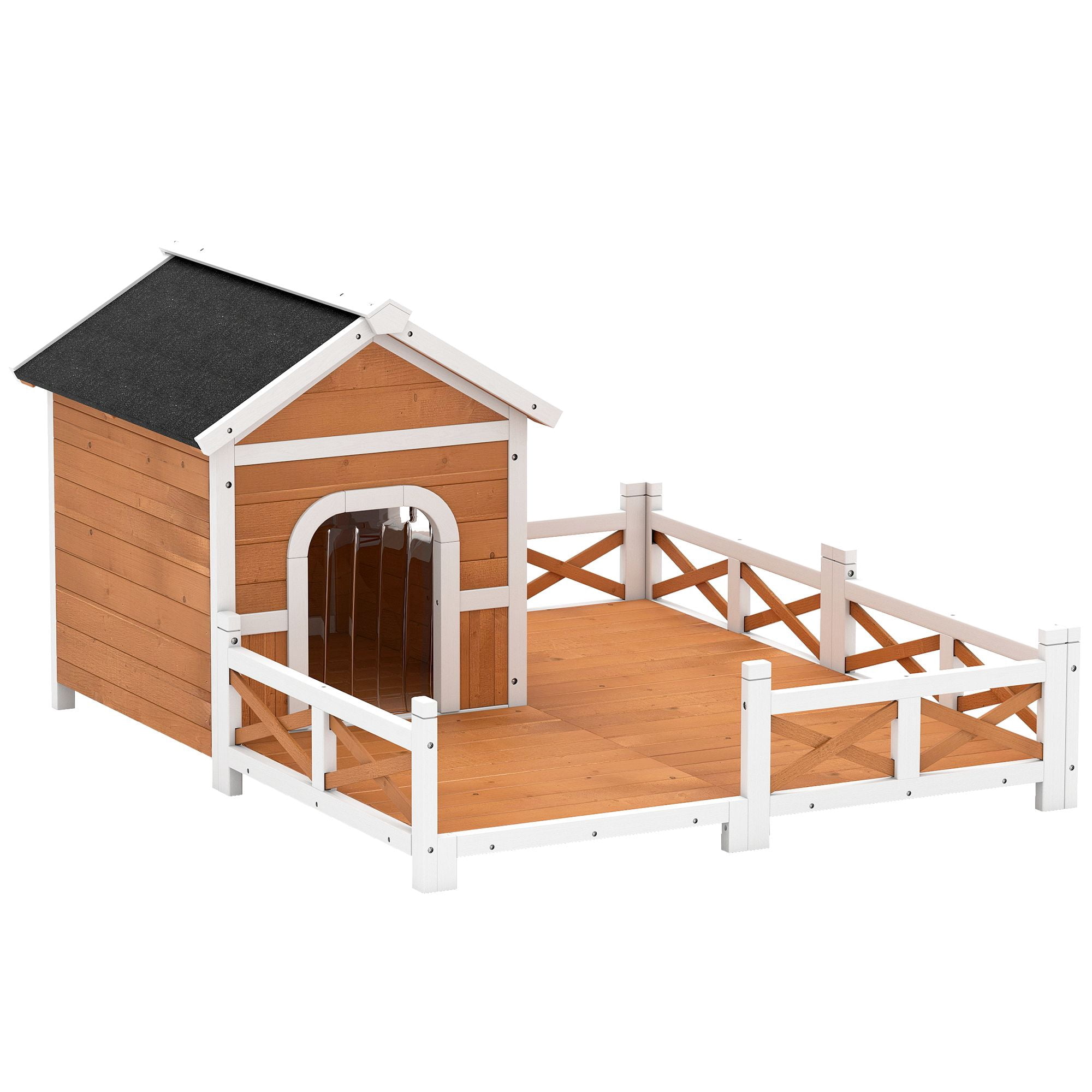 Dranite Outdoor Wooden Dog House with Porch, Weatherproof, Openable Roof, Elevated Base & Removable Floor