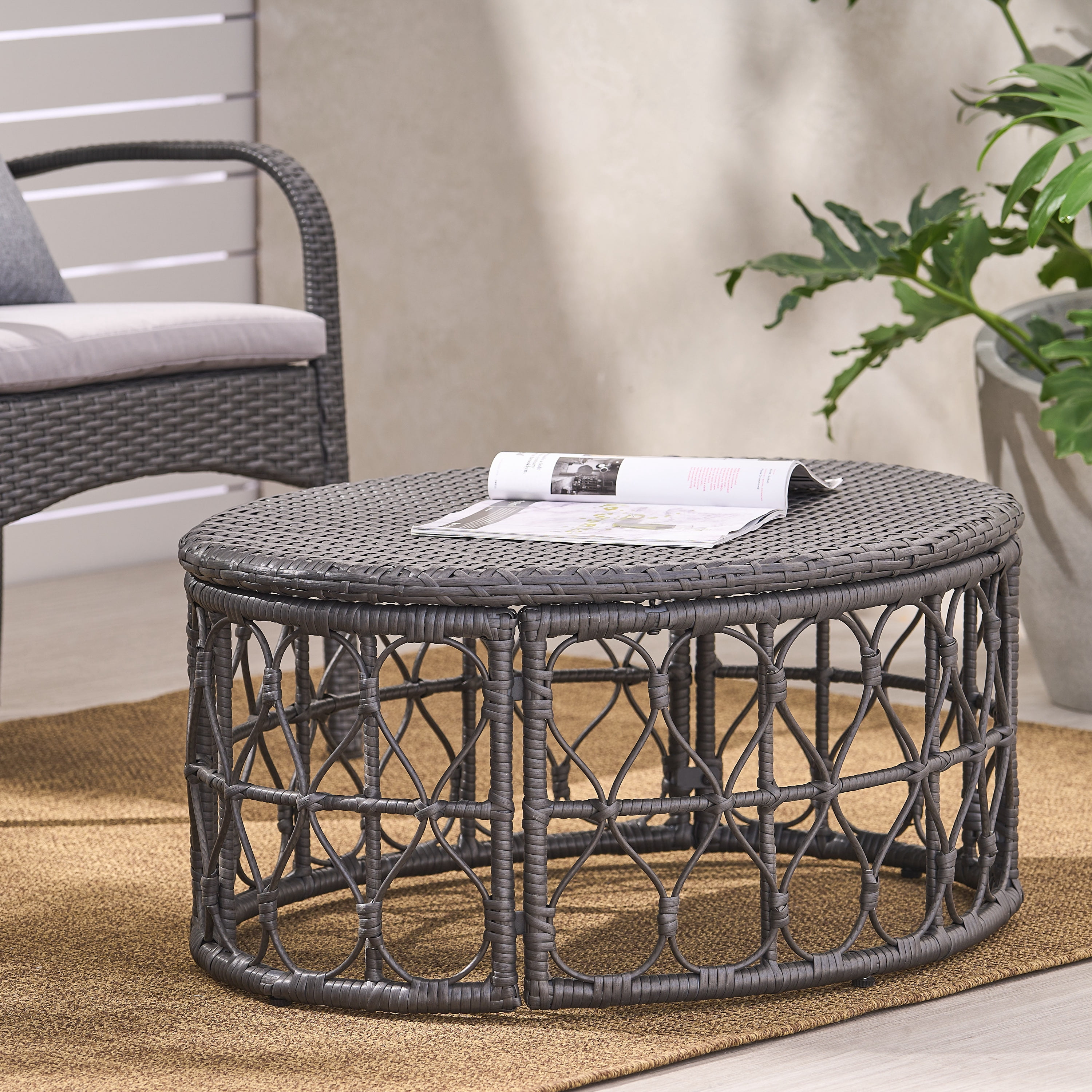 Outdoor Wicker Weave Coffee Table, Leisure Center Table for Patio Garden, Gray