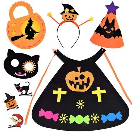 8 PCs Halloween Costumes for Girls, for Kids Includes DIY Kids Cape, Halloween Mask, Halloween Headband, Halloween Treat Bag, Halloween Hat, 3 Hair Pins F-245