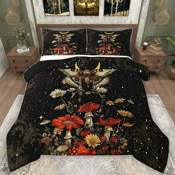 Homewish Boho Moth Bedding Comforter Set,Colorful Flower Mushroom Twin Comforter Sets,Rustic Plant Daisy Bedding Set For Teens,Luxury Bedroom Decor Reversible,2-Piece